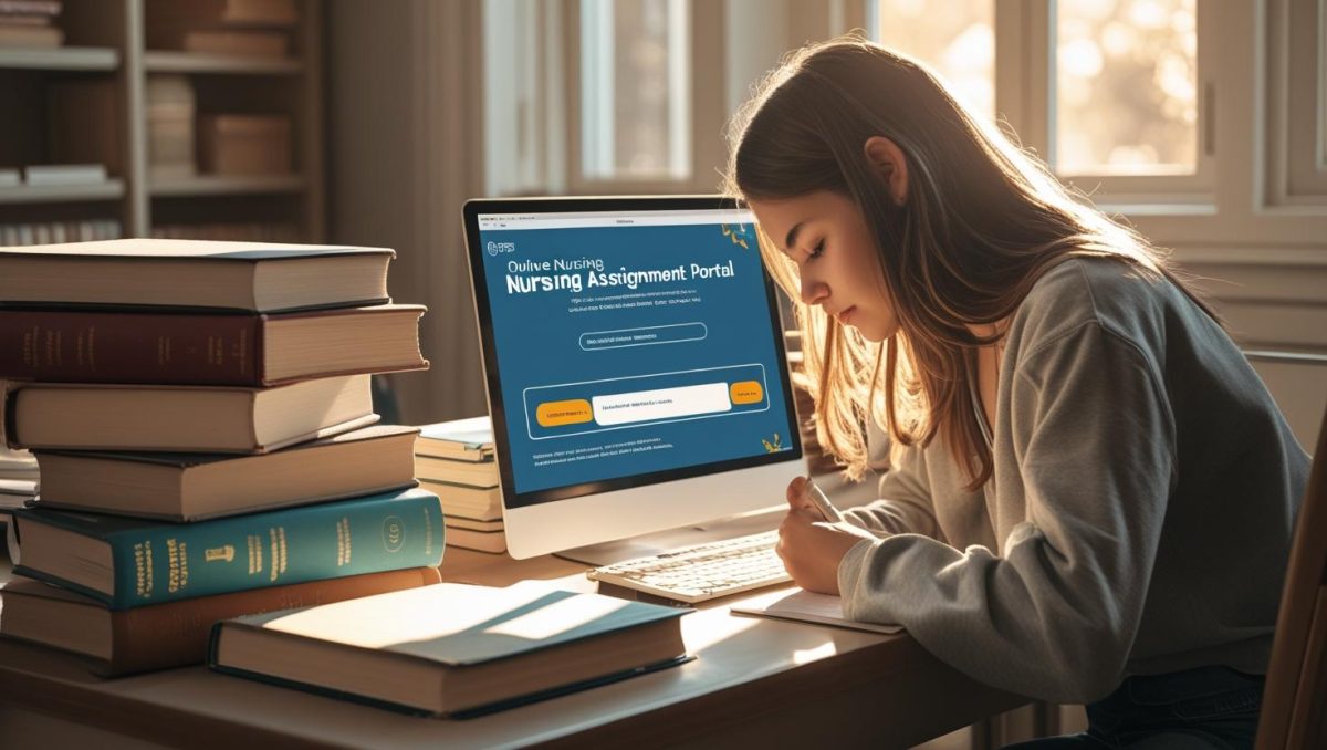 Student working on an assignment siting on a desk.