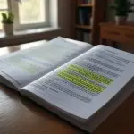 A cozy study desk with an open NRNP 6645 Course Syllabus book, featuring highlighted sections, placed near a window with a plant and a bookshelf in the background.