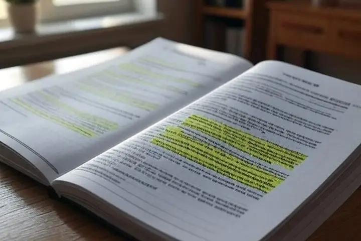 A cozy study desk with an open NRNP 6645 Course Syllabus book, featuring highlighted sections, placed near a window with a plant and a bookshelf in the background.
