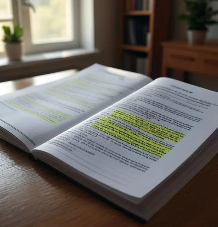 A cozy study desk with an open NRNP 6645 Course Syllabus book, featuring highlighted sections, placed near a window with a plant and a bookshelf in the background.