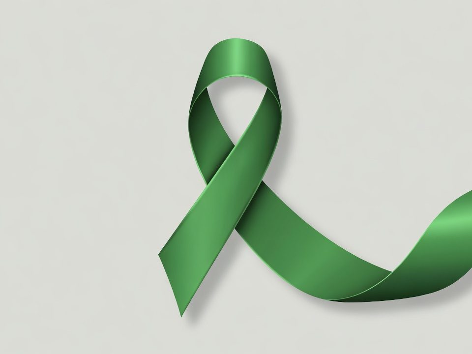 Green ribbon lapel for awareness of major depressive disorder or depression.